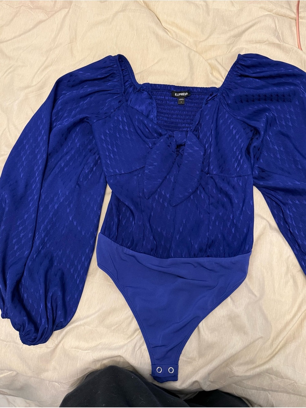 Express Royal Blue Tie-Front Long-Sleeve Bodysuit